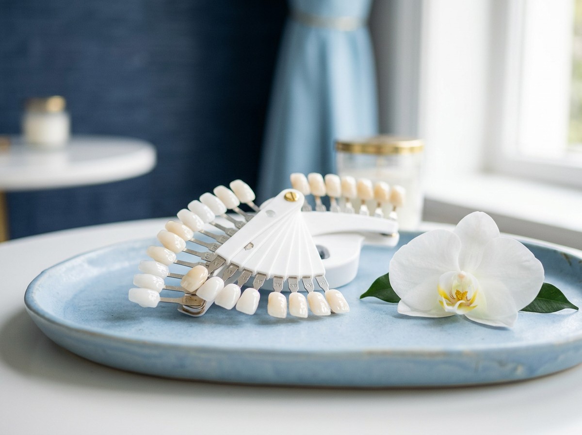 Dental shade guide and an orchid on a tray