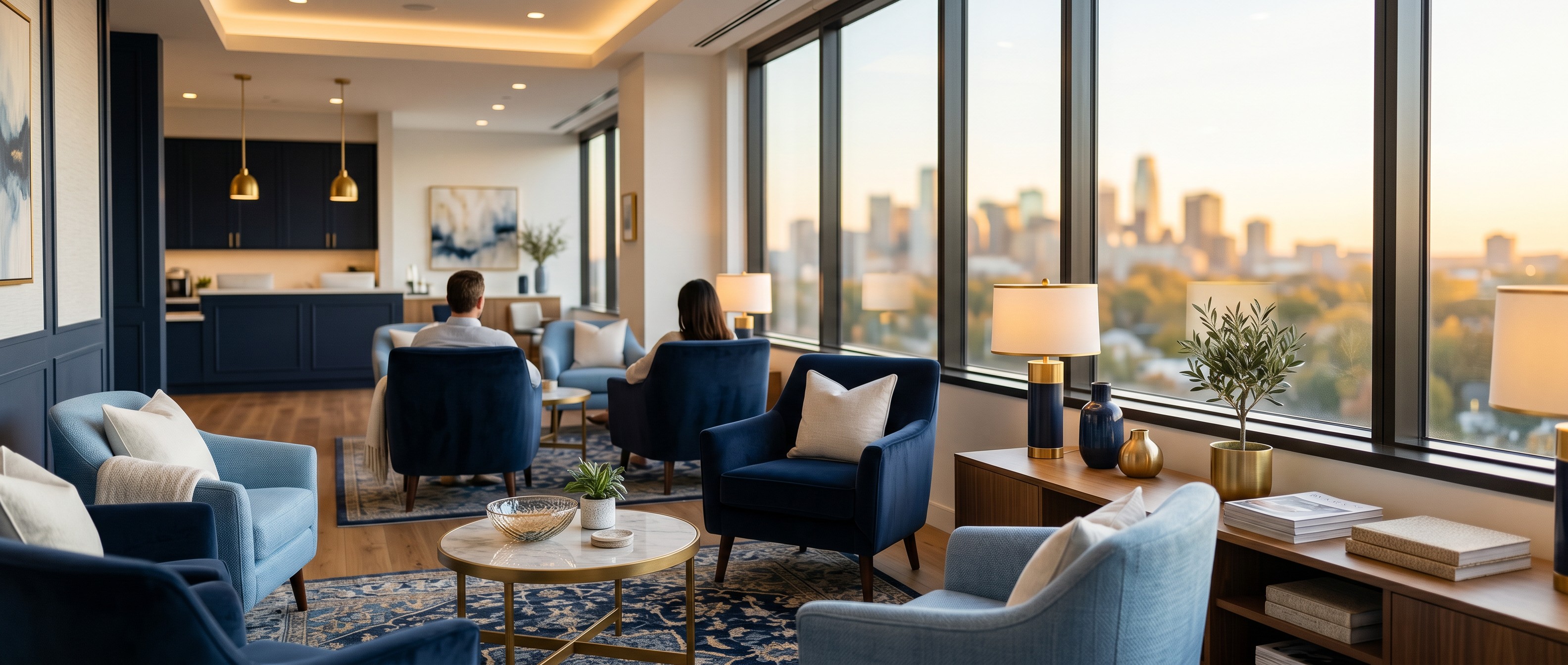 Dental clinic lounge with armchairs and a city view
