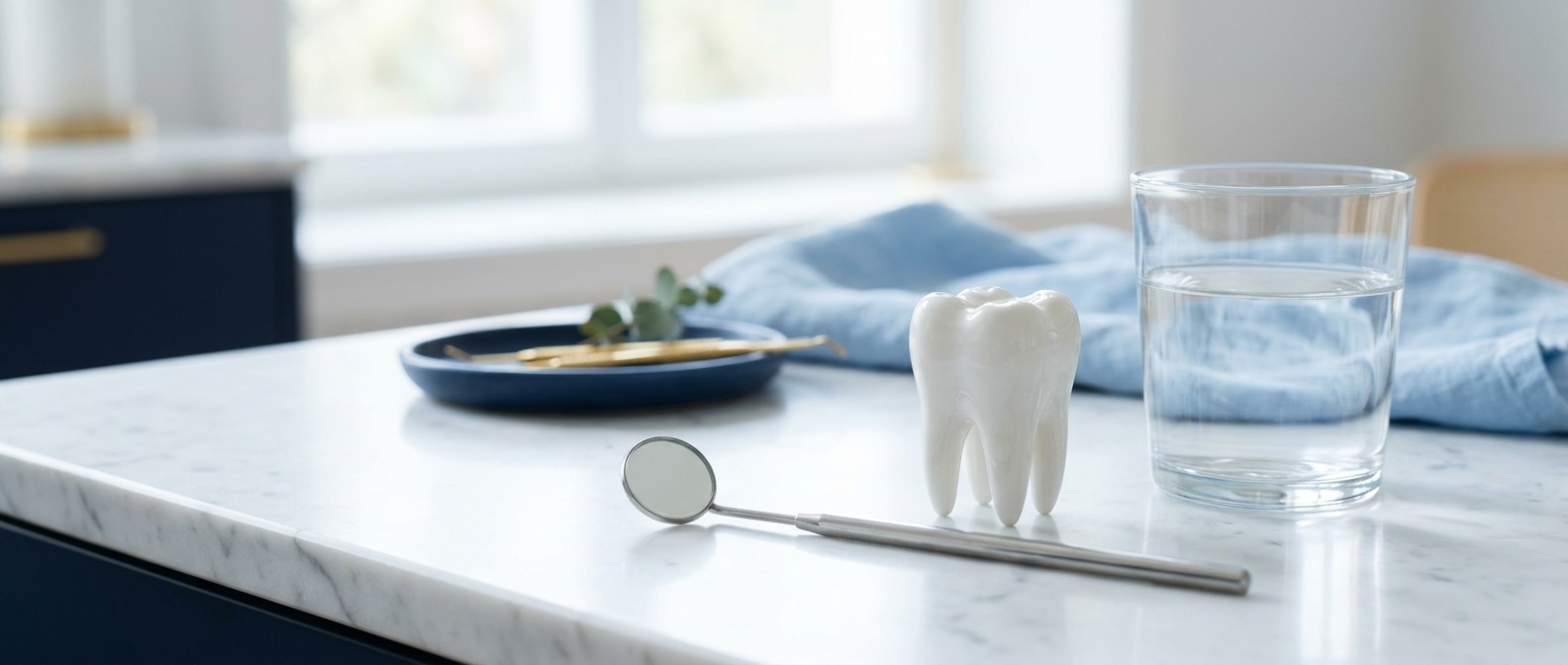 Tooth model, dental mirror and a glass of water on a counter
