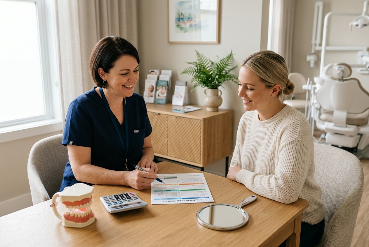 dental-office lifestyle scene: a friendly coordinator and patient reviewing a detailed cost estimate with color-coded blank s