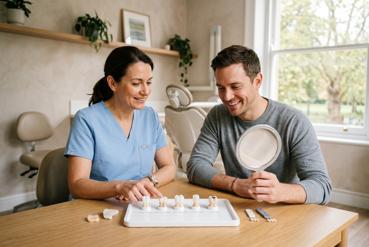 dental consultation: dentist and relaxed patient comparing unlabeled tooth models representing composite bonding, veneers, cr