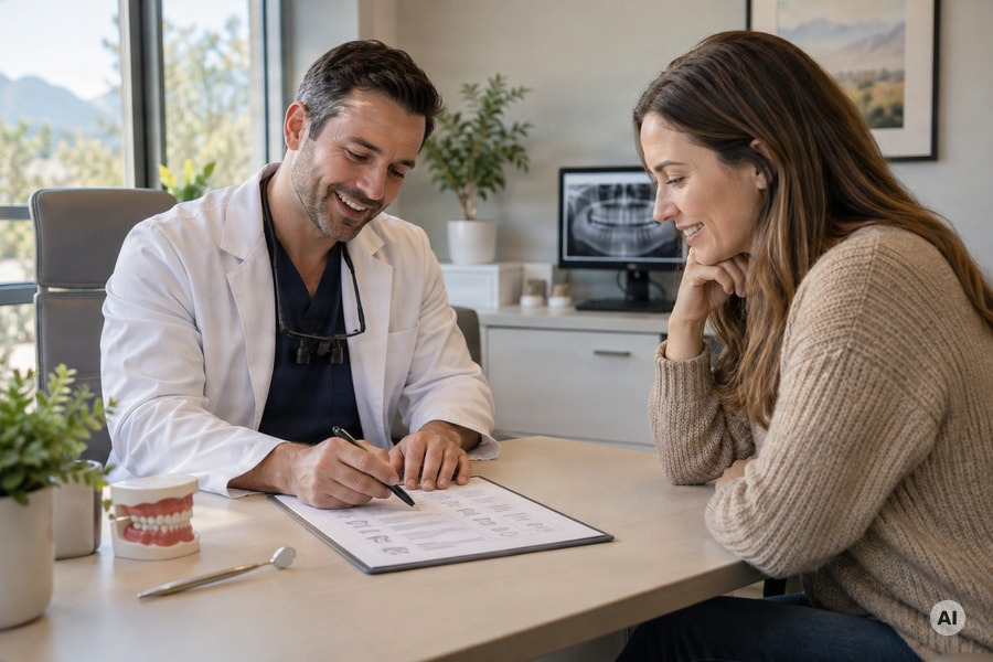photograph of a welcoming dental consultation room, with a dentist and relaxed adult patient reviewing an itemized estimate - AI-generated image
