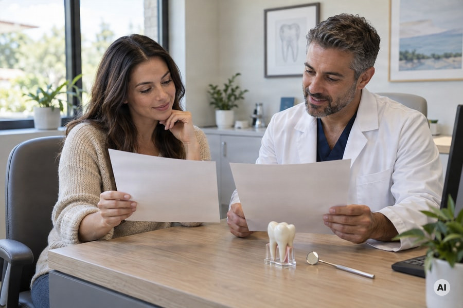 lifestyle photograph of a patient and dentist calmly comparing two unmarked estimate sheets during a consultation - AI-generated image