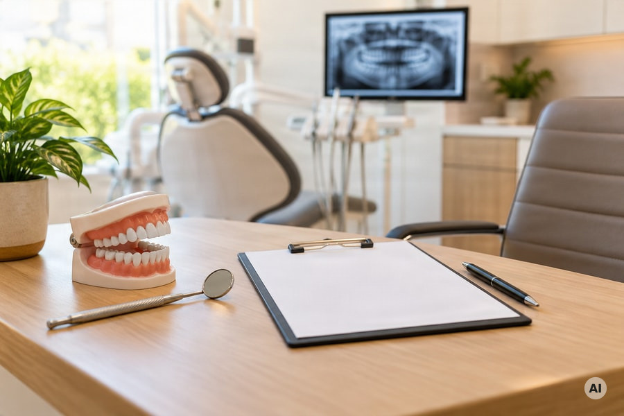 photograph of a welcoming dental consultation room prepared for a first visit, with a dental mirror, tooth model - AI-generated image
