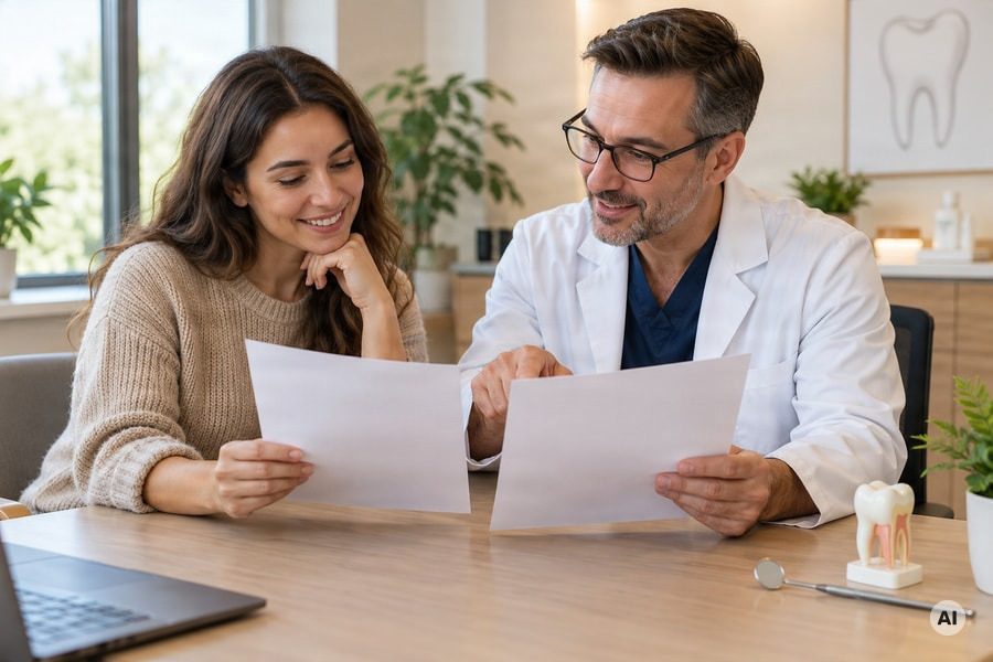 photograph of a patient and dentist calmly comparing two unmarked estimate sheets during a consultation - AI-generated image