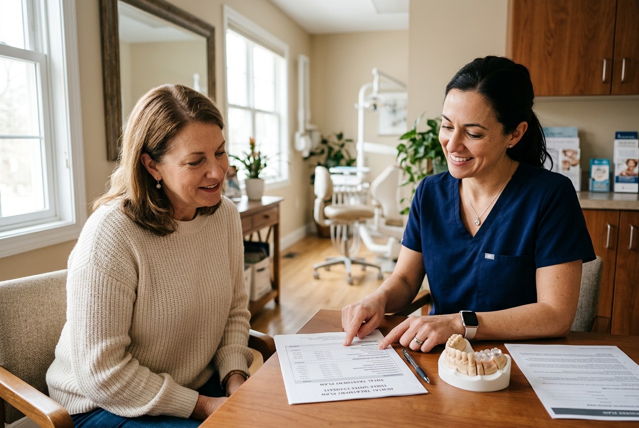 dental consultation: dentist and patient calmly reviewing an itemized three-unit bridge estimate beside a neutral tooth model