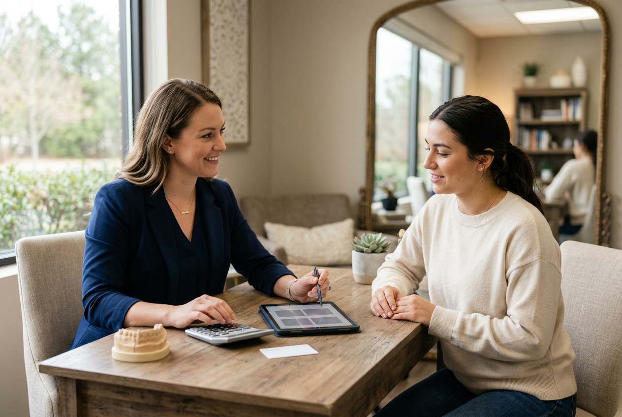 A patient and dental office coordinator calmly reviewing payment options at a welcoming consultation desk, with a neutral den