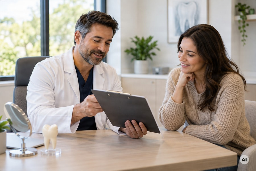 photograph of a dentist and relaxed adult patient reviewing an itemized dental estimate on a clipboard - AI-generated image