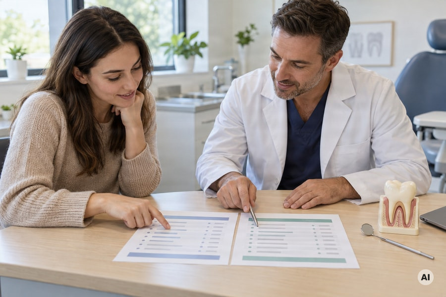 photograph of a patient and dentist comparing two itemized estimate sheets side by side at a consultation desk - AI-generated image