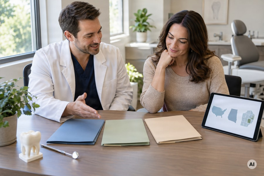 photograph of a dentist and adult patient comparing three estimate folders beside a tablet displaying simple national, state - AI-generated image