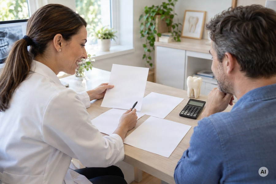 photograph of a dentist and relaxed adult patient reviewing several blank estimate sheets arranged beside a calculator and - AI-generated image