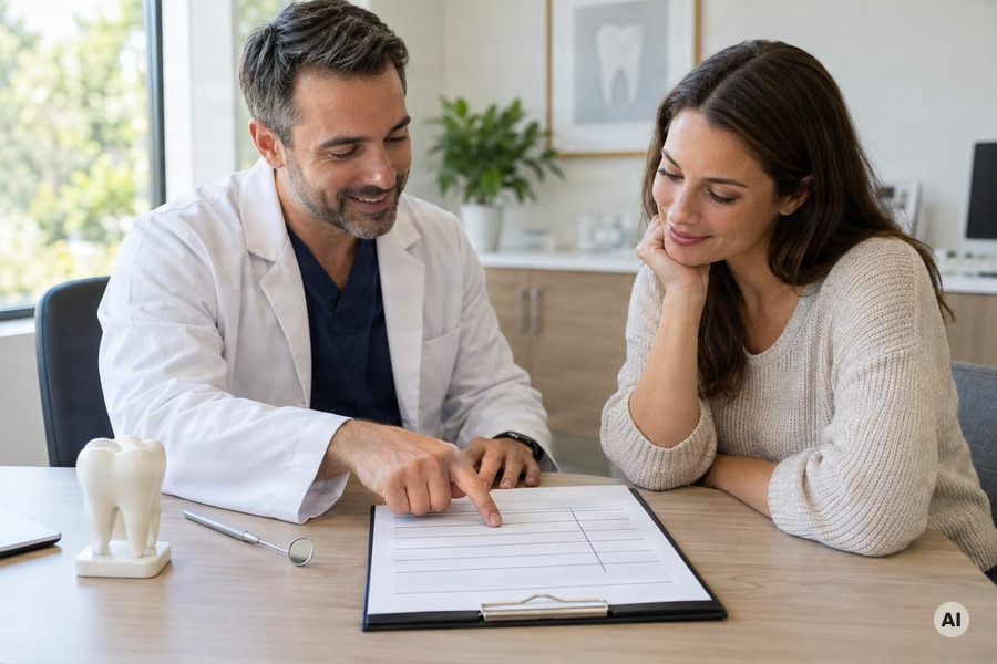 photograph of a dentist and relaxed adult patient reviewing one estimate sheet with neatly separated blank rows - AI-generated image