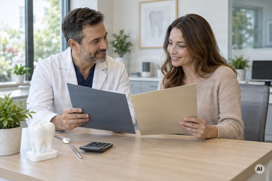 dental-office lifestyle photograph of a dentist and relaxed adult patient comparing two estimate folders across a - AI-generated image