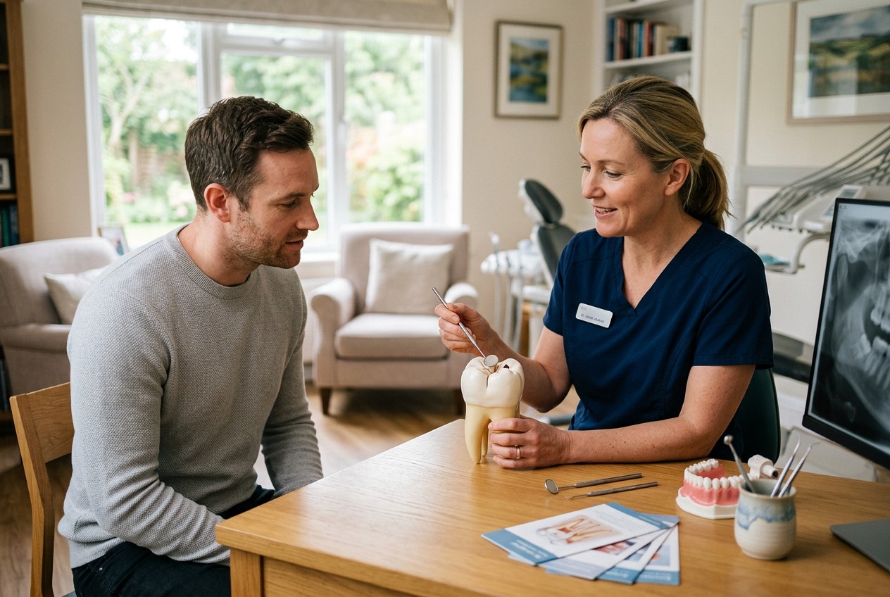 dental-office consultation scene with a dentist calmly pointing to different surfaces on an oversized neutral tooth model whi