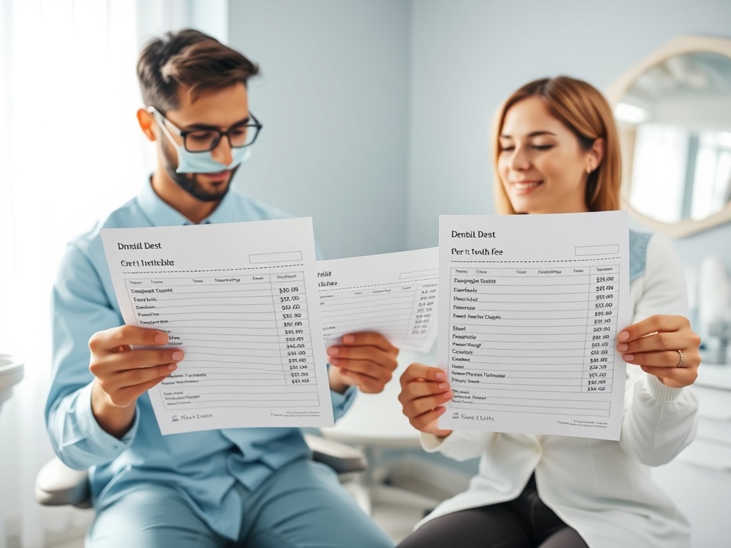 dental-office lifestyle scene: a dentist and patient calmly reviewing two neatly organized, itemized quote sheets with abstra