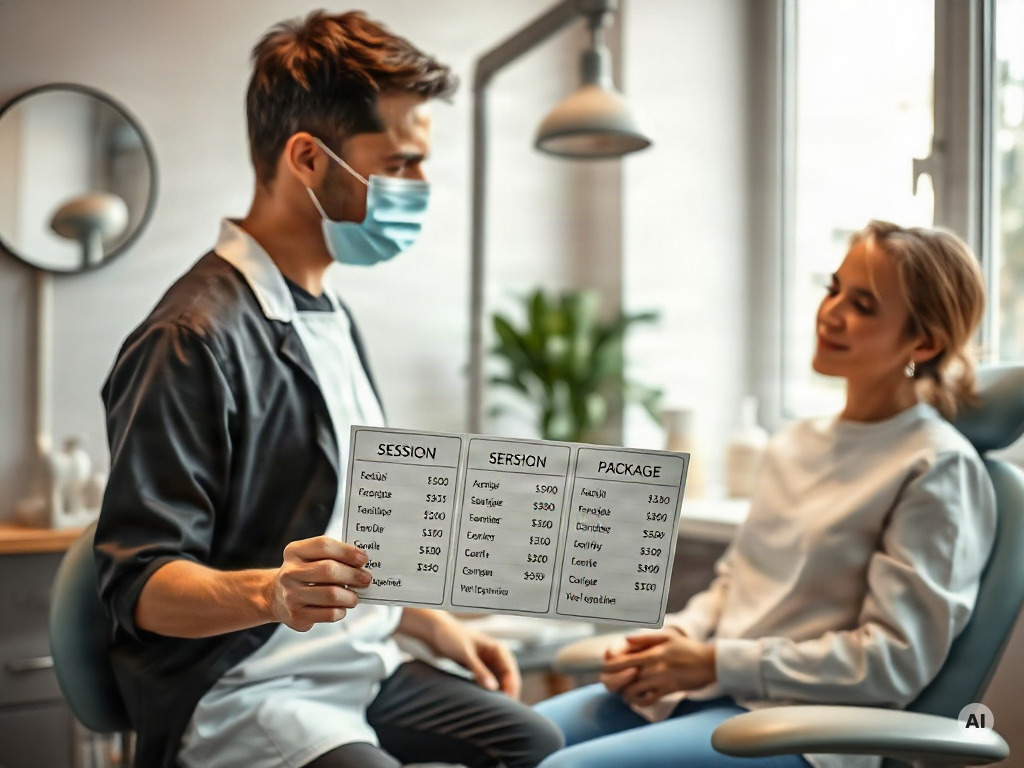 dental consultation room with a dentist and patient comparing four neatly grouped - AI-generated image