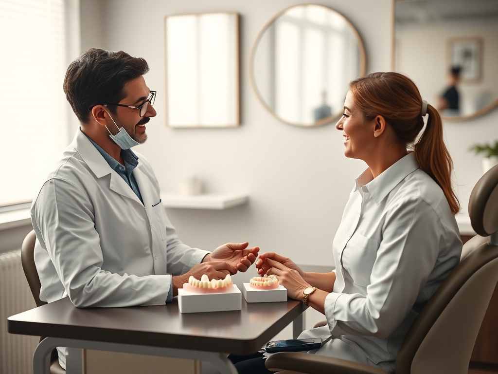 dental-office consultation scene with a dentist calmly explaining whitening pricing options using neutral tooth shade models