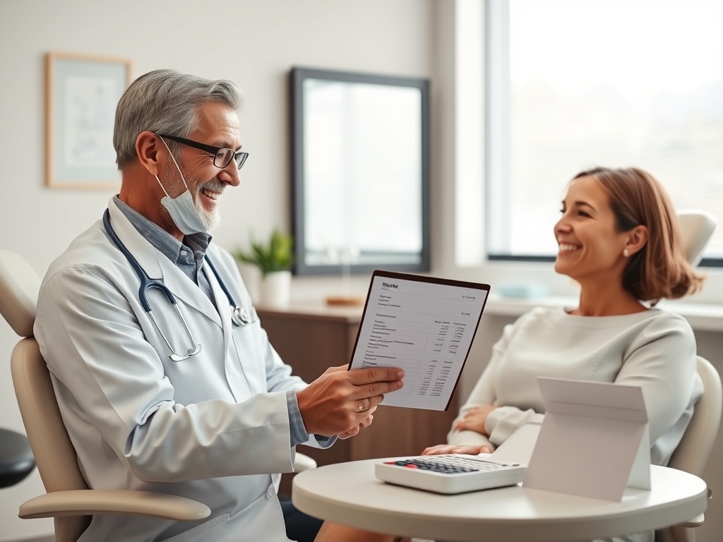 dental consultation room with a welcoming dentist and relaxed patient reviewing an itemized quote on a clipboard, calculator