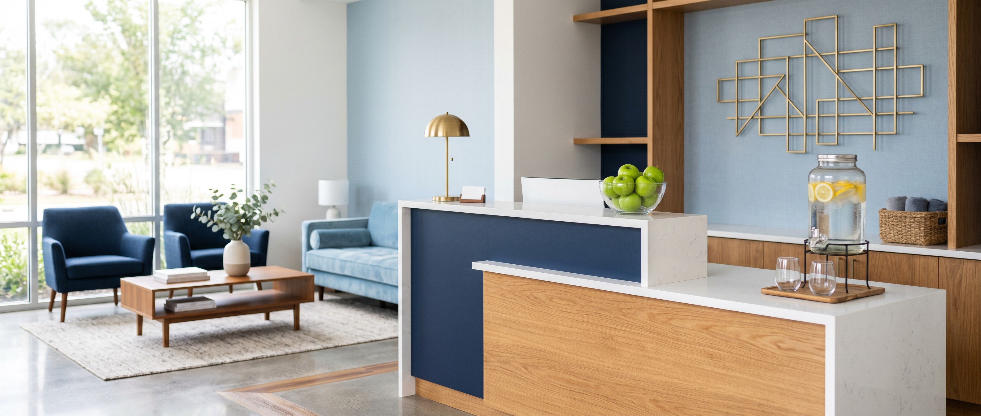 Dental clinic reception desk with wooden accents