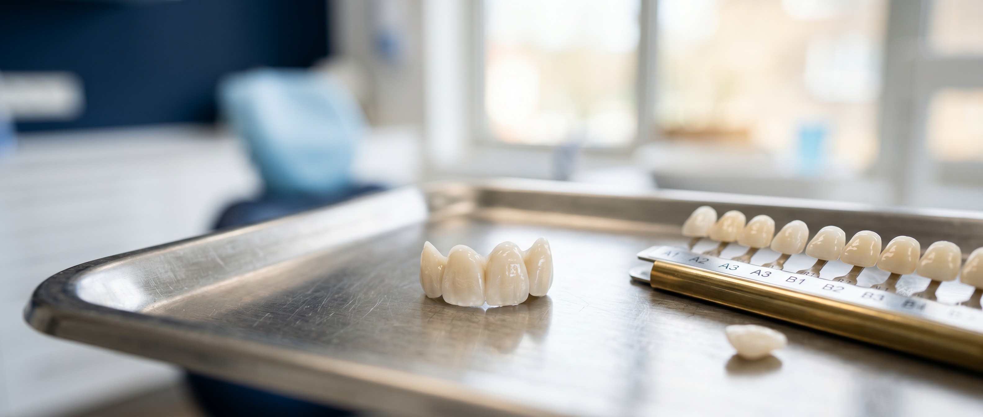 Tooth models and a shade guide on a steel tray