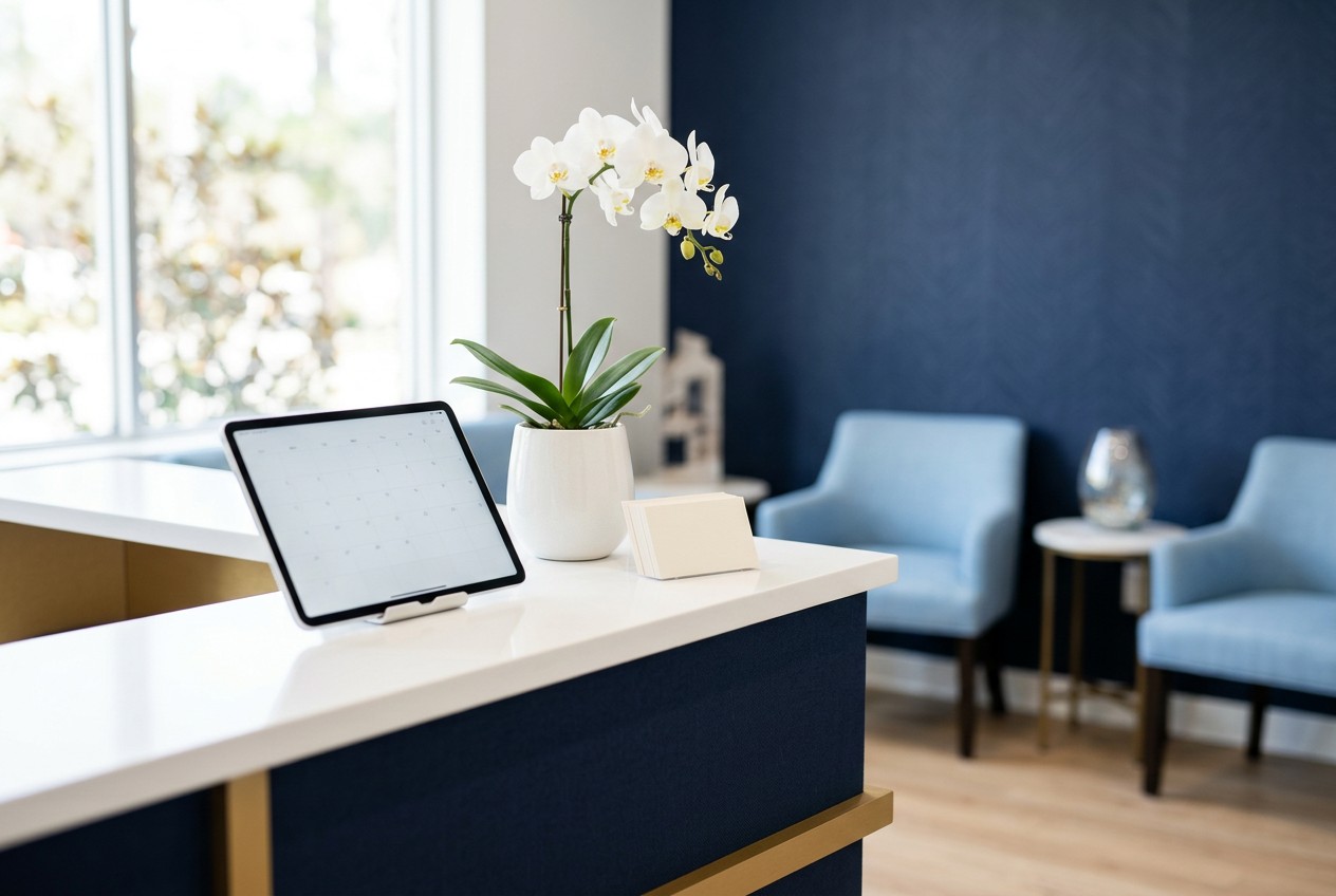Dental clinic front desk with a tablet and orchid